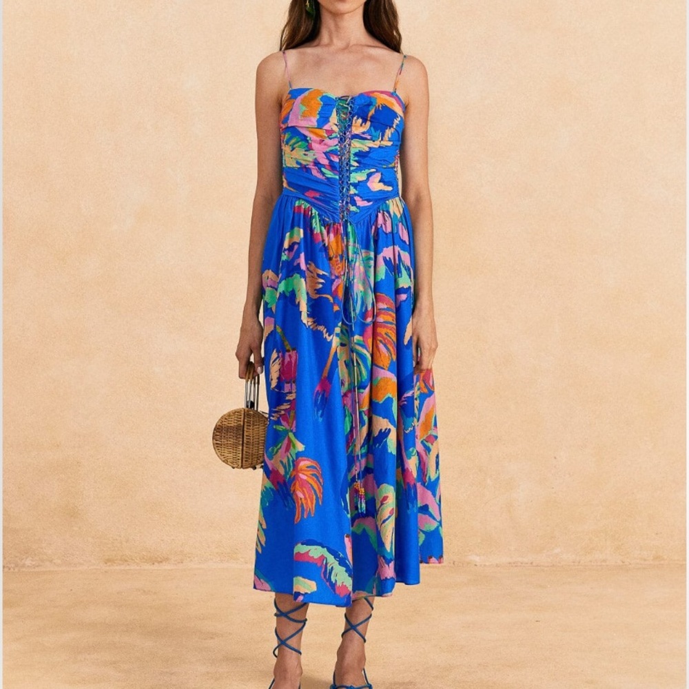 NWT Farm Rio Blue Painted Jungle Midi Dress